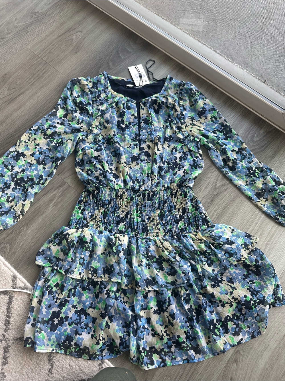 Pepe Jeans Blue Green Floral Tiered Smocked-Waist Dress NWT
